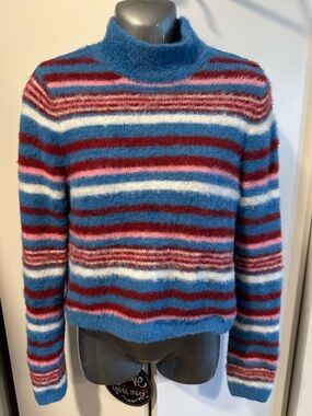 Striped Blue, White & Red Fuzzy Turtleneck Medium Sweater Stitch & Pine